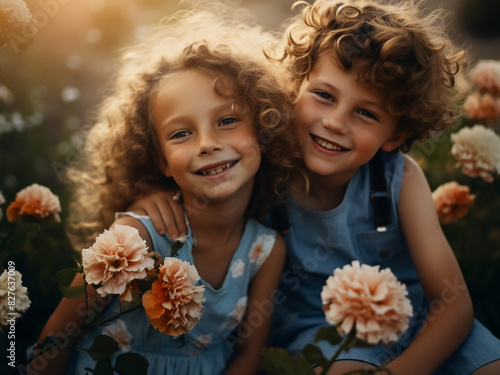 Basking in sunlight, a boy and girl, holding a flower, share moments of blissful fun photo