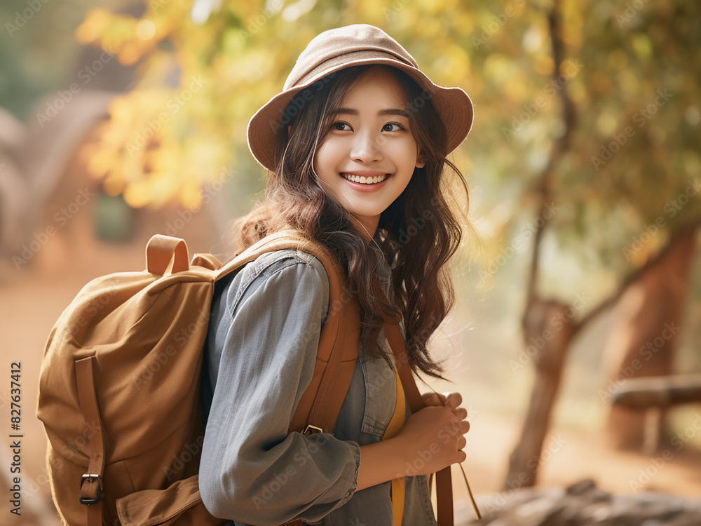 An Asian girl with a backpack enjoys nature, depicting holiday relaxation in vintage tones An Asian girl with a backpack enjoys nature, depicting holiday relaxation in vintage tones