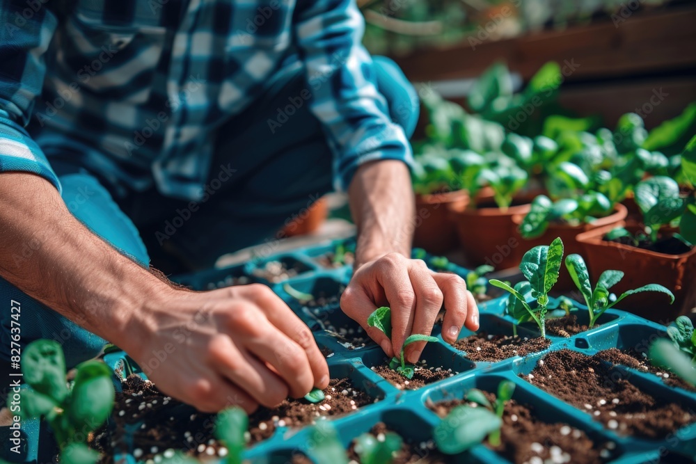 A man is planting seedlings in a garden. He is wearing a blue shirt and blue pants A man is planting seedlings in a garden. He is wearing a blue shirt and blue pants