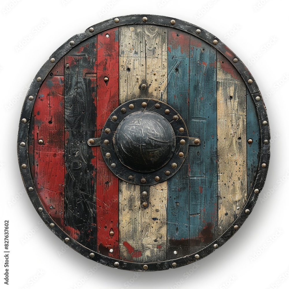 Wooden Shield With Metal Rivets on White Background