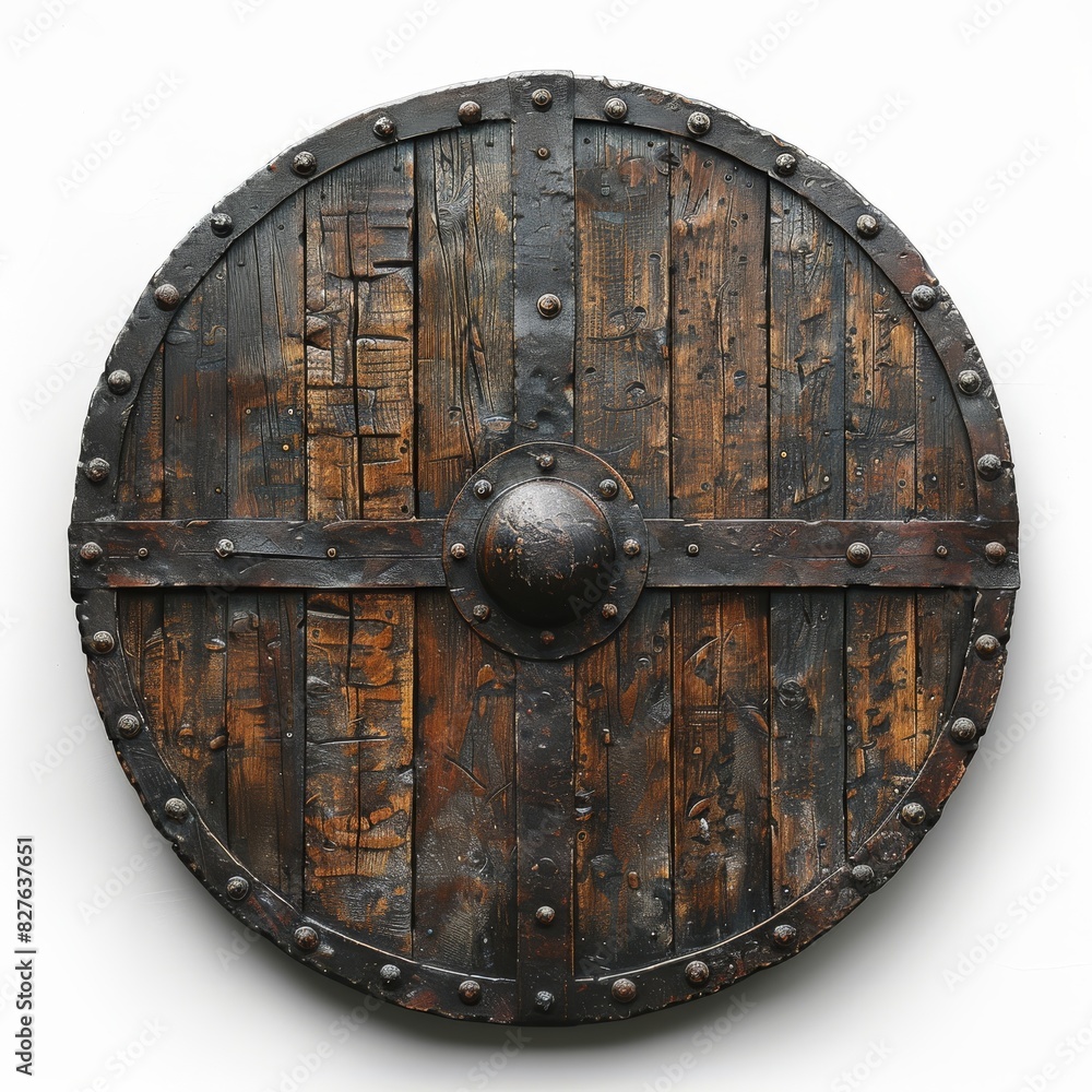 Wooden Shield With Metal Rivets on White Background