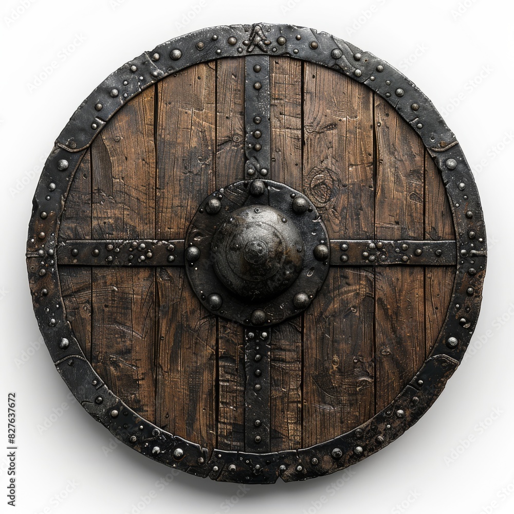 Wooden Shield With Metal Rivets on White Background Wooden Shield With Metal Rivets on White Background