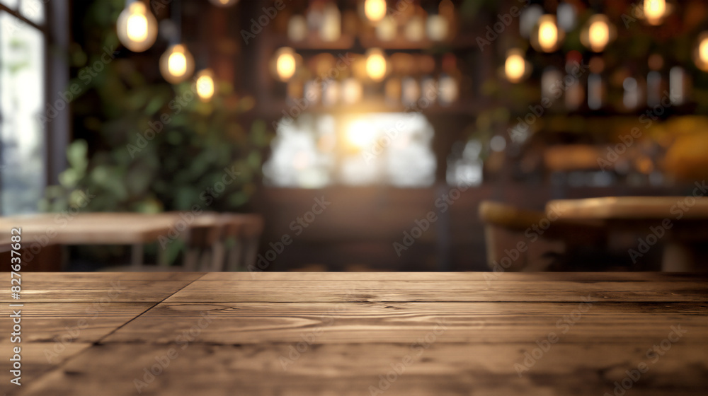 Empty wood table interior of a restaurant with space for product placement Empty wood table interior of a restaurant with space for product placement