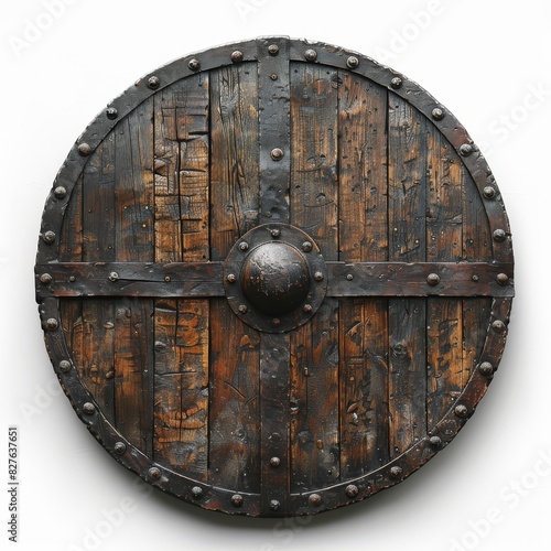 Wooden Shield With Metal Rivets on White Background photo