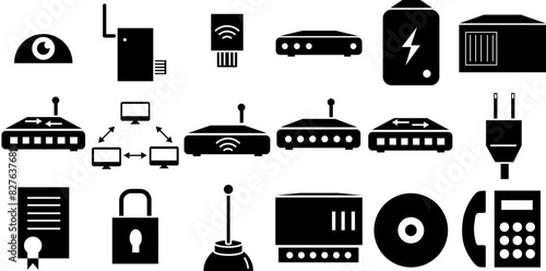 Set Of Linear Network Eguipment Icons Silhouette Vector Logo Design Containing Wi-Fi,Equipment,Wifi,Router,Network Simple Black Style Symbol Sign For Apps And Website, Vector Illustration