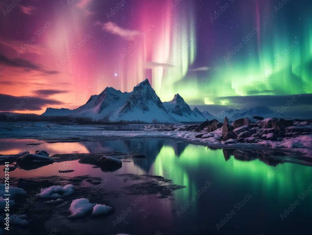 Starry sky with bright Northern lights over mountains at night. Polar landscape with Aurora borealis
