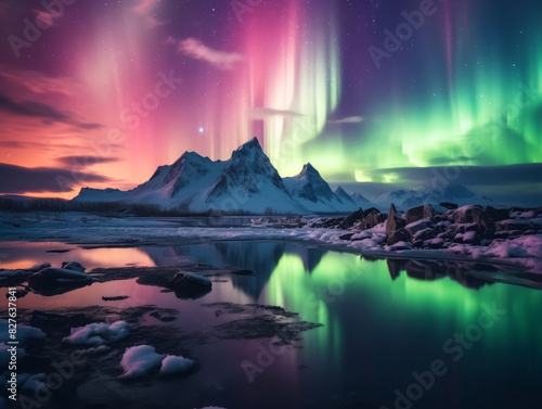 Starry sky with bright Northern lights over mountains at night. Polar landscape with Aurora borealis