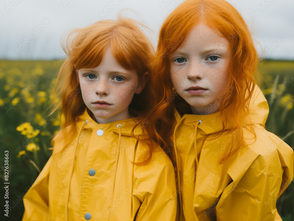 Redhead siblings gleefully play in a sunny meadow Redhead siblings gleefully play in a sunny meadow