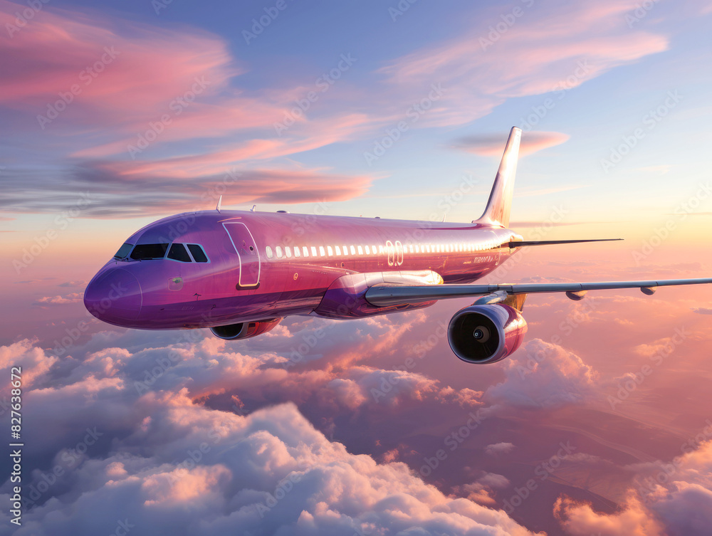 Fototapeta premium Pink passenger airplane flies in blue sky with dramatic sunset clouds. Concept of airline companies, travel, plane transportation, freedom of travelling