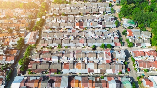 Aerial view of residential building. Drone view of residence. Subsidy house from government. 