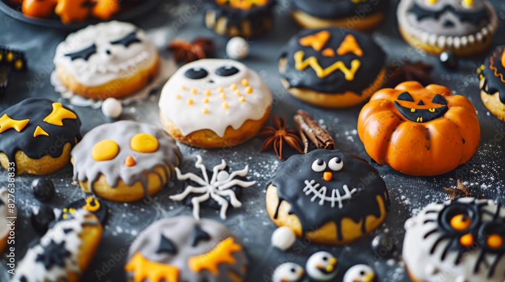 Colorful Halloween-themed donuts and cookies with spooky icing designs. Halloween treats. Concept of festive desserts, celebration, creative baking, seasonal sweets Colorful Halloween-themed donuts and cookies with spooky icing designs. Halloween treats. Concept of festive desserts, celebration, creative baking, seasonal sweets