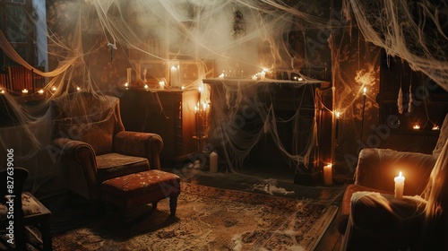 Fototapeta kuchenna Haunted living room with cobwebs and candles. Dark and eerie atmosphere. Concept of Halloween, haunted house, spooky decoration, ghost stories
