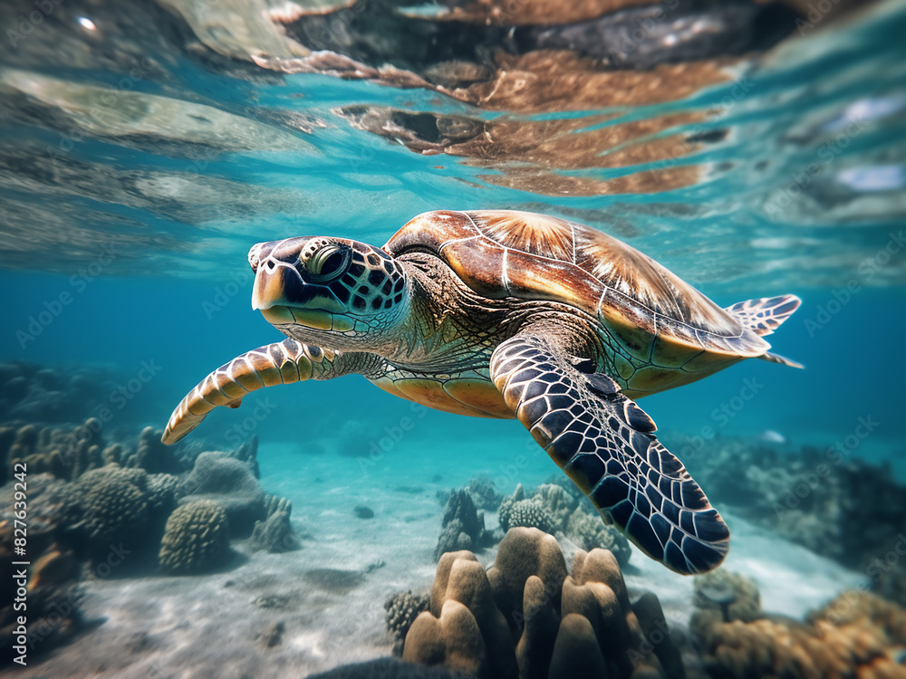 Obraz premium Through crystal waters, a Hawaiian green sea turtle gracefully navigates