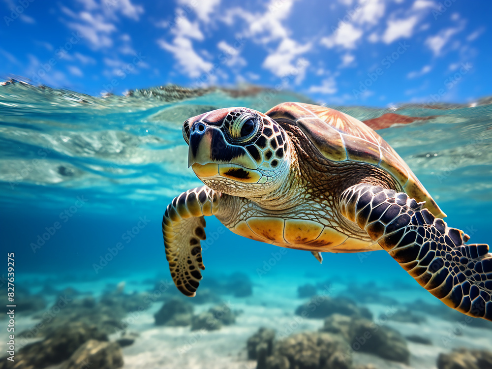 Obraz premium In Similan National Park's waters, a hawksbill sea turtle drifts
