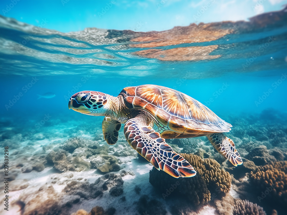 Fototapeta premium A majestic hawksbill sea turtle glides through Similan National Park