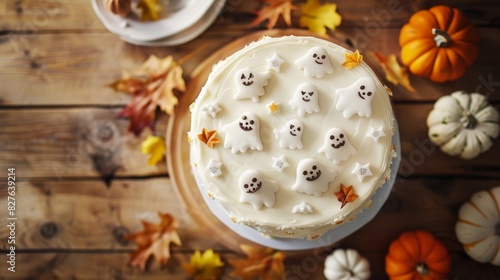 Halloween cake with ghost decorations and autumn leaves on a rustic wooden table. Seasonal dessert. Concept of Halloween, festive baking, autumn celebration, spooky fun