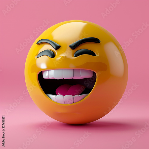 A 3D luxury yellow face emoji laughing with eyes closed and mouth wide open, isolated on a pink background.