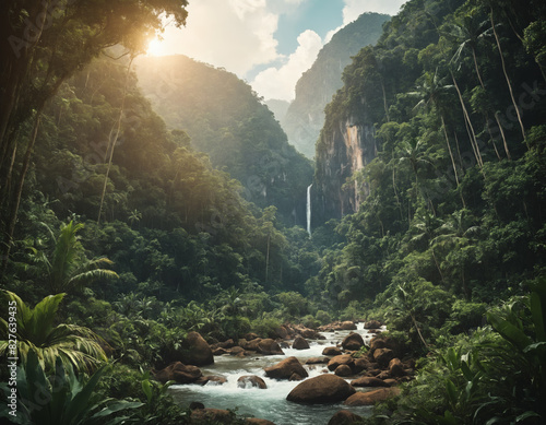 Sunlit Tropical Rainforest Valley with Waterfall and Flowing River