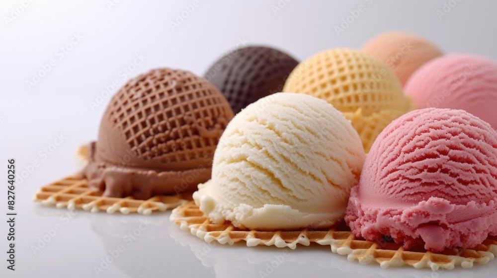 A row of ice cream cones with different flavors. The cones are arranged in a waffle pattern A row of ice cream cones with different flavors. The cones are arranged in a waffle pattern