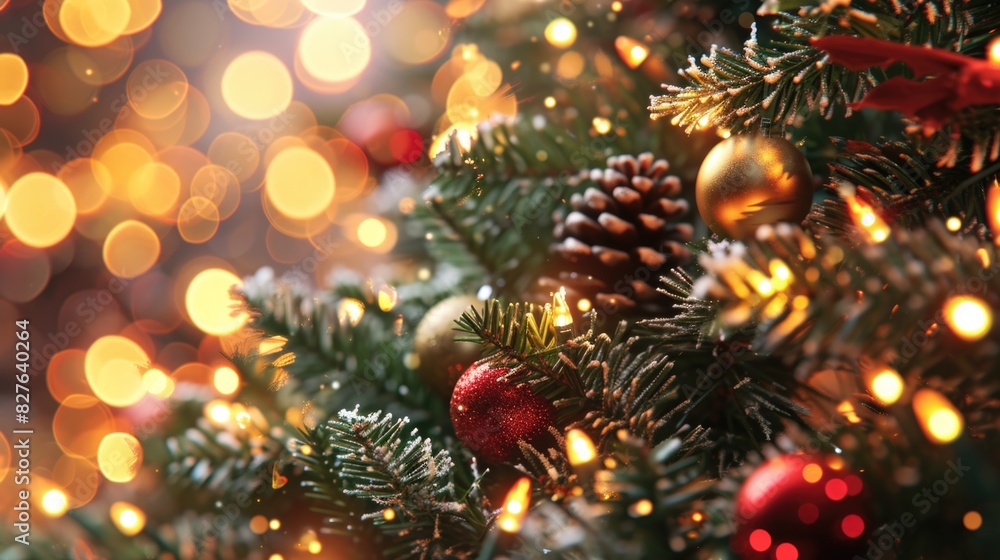 A Christmas tree with many ornaments and lights. The tree is lit up and the lights are shining brightly A Christmas tree with many ornaments and lights. The tree is lit up and the lights are shining brightly