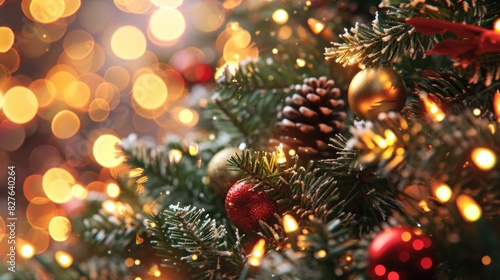 A Christmas tree with many ornaments and lights. The tree is lit up and the lights are shining brightly