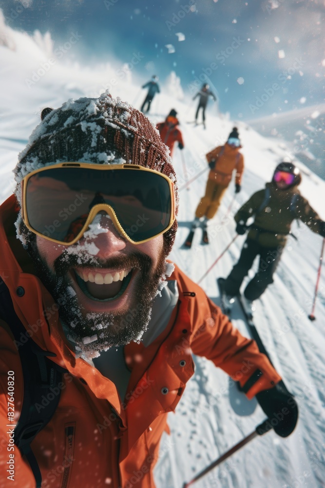 A man in an orange jacket is smiling and posing for a picture while skiing. He is surrounded by other skiers, some of whom are also smiling. Scene is cheerful and fun A man in an orange jacket is smiling and posing for a picture while skiing. He is surrounded by other skiers, some of whom are also smiling. Scene is cheerful and fun
