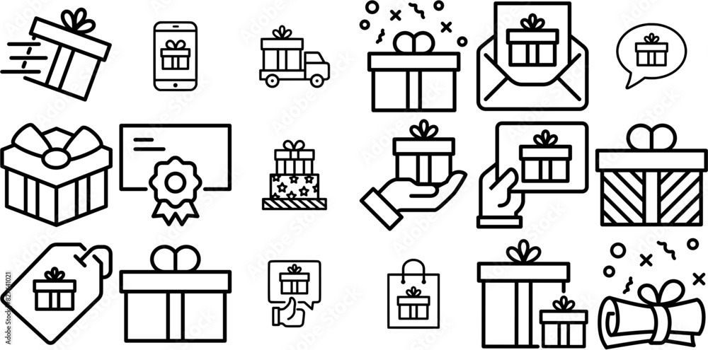 A Collection Of Gifts Icons Web Header Banner Design Containing Box,Christmas,Present,Shopping,Gift Simple Black Style Symbol Sign For Apps And Website, Vector Illustration