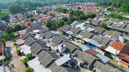 Aerial view of residential building. Drone view of residence. Subsidy house from government. 