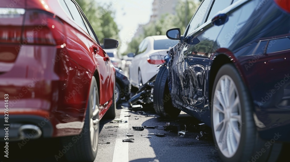 A car accident scene with two cars, one of which is a red car. The scene is chaotic and dangerous, with debris and broken glass scattered around the area