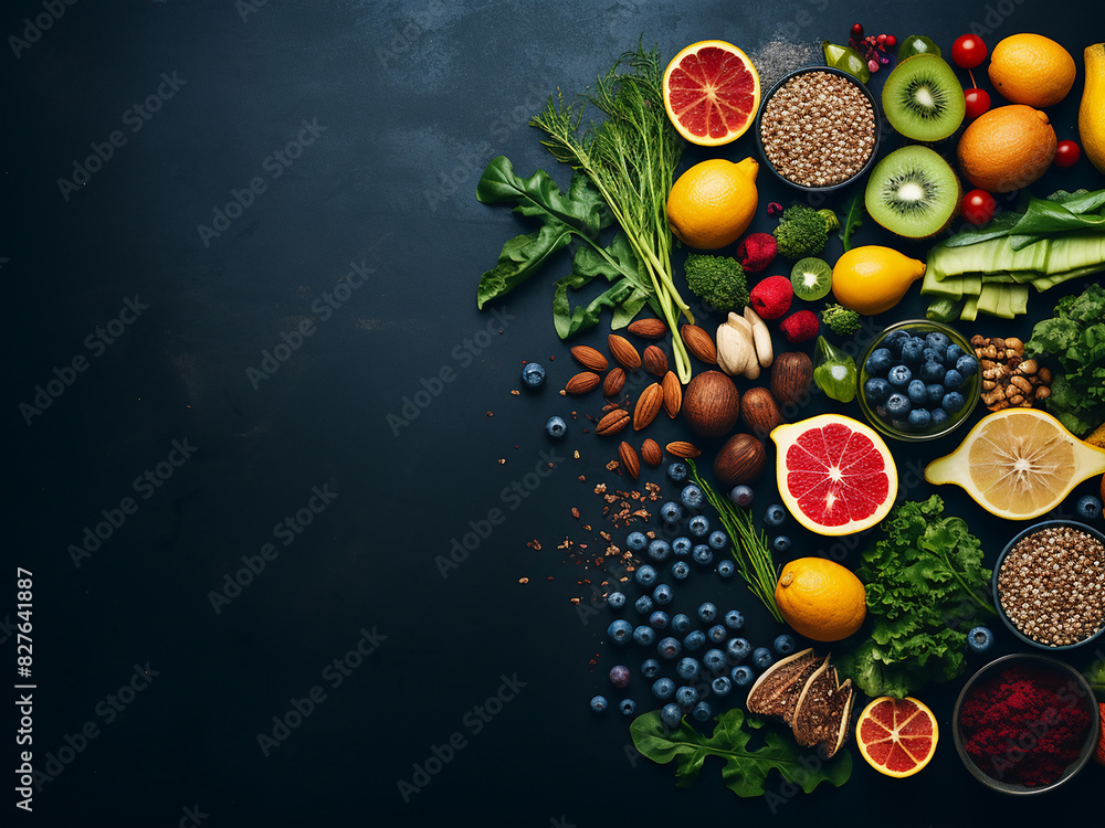 Top view of healthy food assortment against a dark blue backdrop Top view of healthy food assortment against a dark blue backdrop