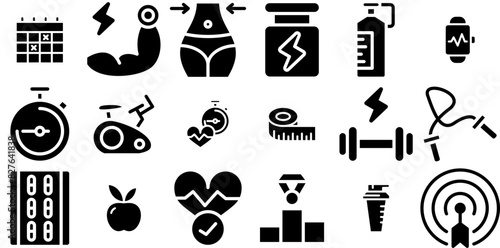 Set Of Linear Fitness Glyph Pack Icons Collection Isolated Silhouette Solid Icons Including Timer,Supplement,Pulse,Weightlifting,Healthy Solid Icon Collection. Vector Illustration