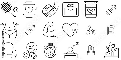 Set Of Fitness Icons Silhouette Vector Logo Design Containing Heart-Rate,Exercise,Fitness,Health,Weight Outline Icons Collection. Simple Vector Illustration