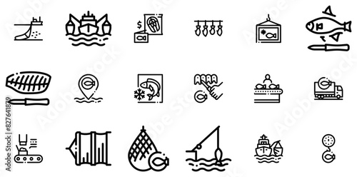 Set Of Linear Fishing Industry Business Process Isolated Silhouette Solid Icons With Fish,Fishing,Net,Frozen,Cut Vector Icon Set Linear Pictogram Pack