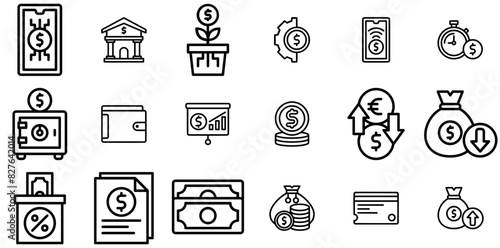Set Of Linear Financial Icons Web Header Banner Design Containing Cash,Finance,Bank,Financial,Money Solid Icon Collection. Vector Illustration