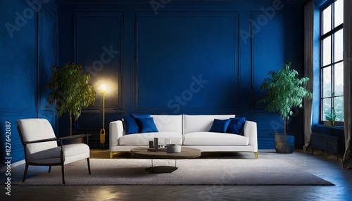 Modern living room has an white sofa on empty dark blue wall background - 3D
