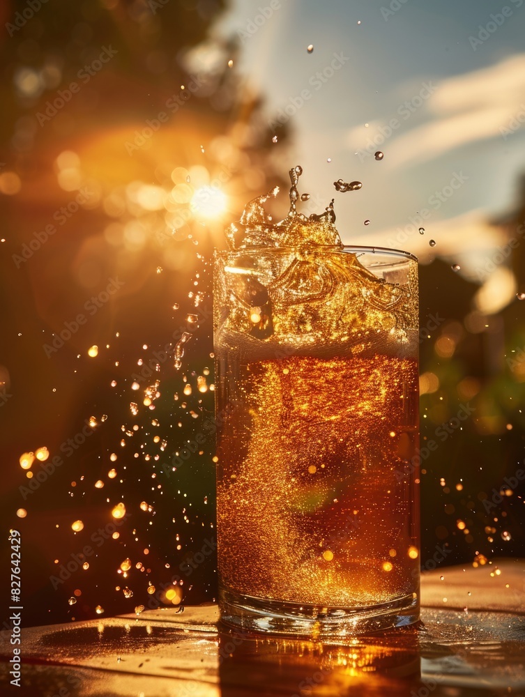 A glass of beer is splashing water out of it. The sun is shining on the glass, making it look like a fun and playful scene A glass of beer is splashing water out of it. The sun is shining on the glass, making it look like a fun and playful scene