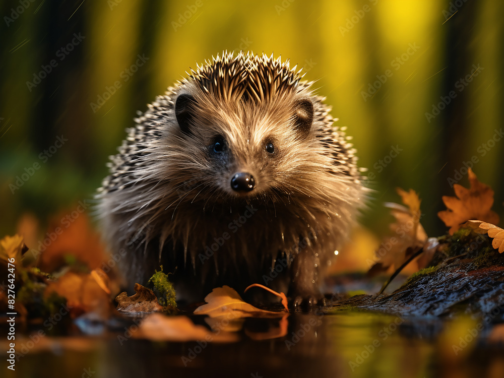 Macro shot captures a hedgehog navigating a damp autumn woodland Macro shot captures a hedgehog navigating a damp autumn woodland
