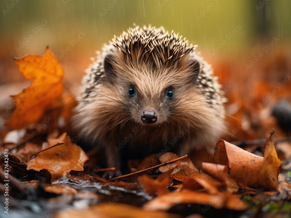 Close-up of a hedgehog in the dampness of an autumn woodland Close-up of a hedgehog in the dampness of an autumn woodland