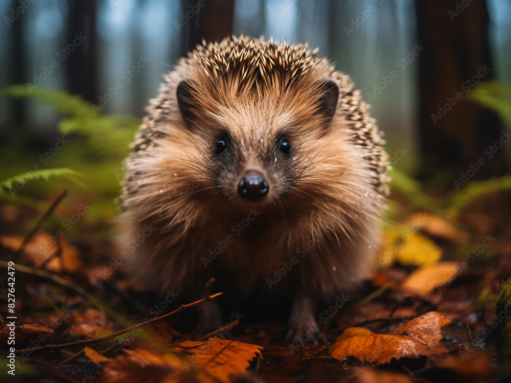 Amidst a wet autumn forest, a hedgehog ventures in close-up detail Amidst a wet autumn forest, a hedgehog ventures in close-up detail