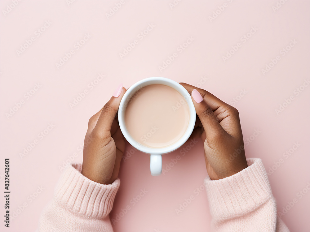 Isolated on pink, a minimalist image woman's hands clutch a coffee cup from above Isolated on pink, a minimalist image woman's hands clutch a coffee cup from above