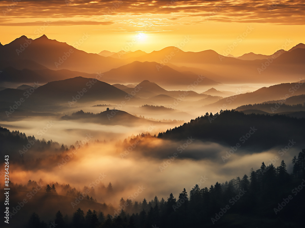 Obraz premium Summer's misty dawn casts an enchanting spell over mountainous landscapes