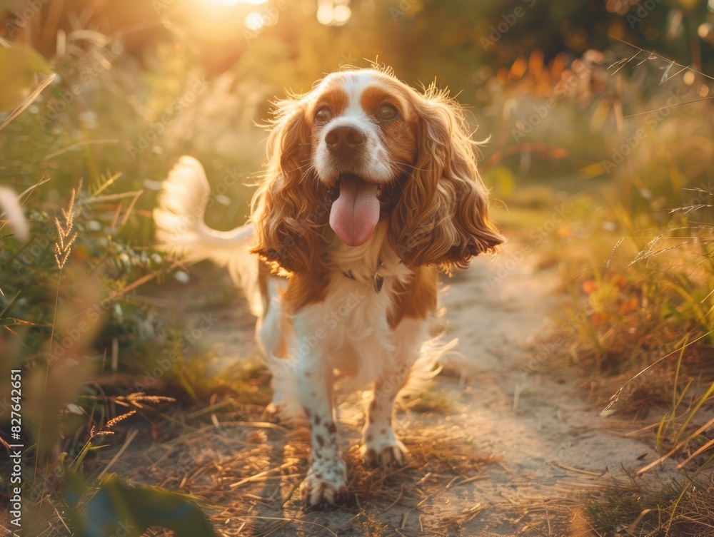 A small dog is running through a field of grass. The dog is brown and white and has a tongue sticking out A small dog is running through a field of grass. The dog is brown and white and has a tongue sticking out