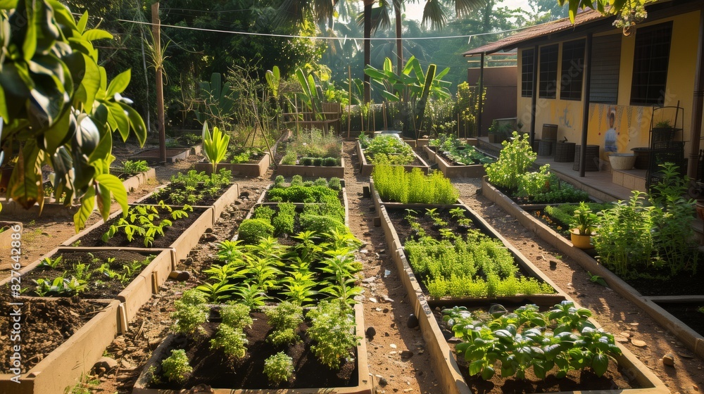 A traditional garden with medicinal herbs and plants used in Ayurveda for health and wellness. A traditional garden with medicinal herbs and plants used in Ayurveda for health and wellness.