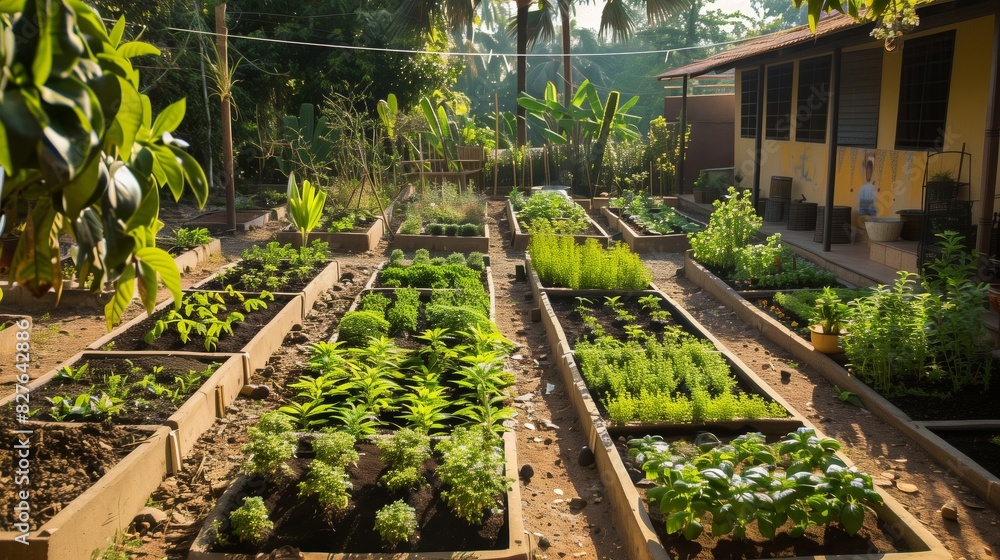 A traditional garden with medicinal herbs and plants used in Ayurveda for health and wellness.