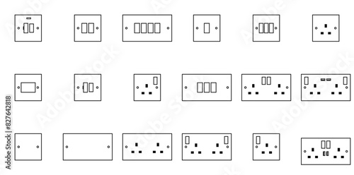 A Collection Of Electrics Uk Isolated Silhouette Solid Icons With Switched-Socket,Uk-Switch,1-Gang,Socket,2-Gang Set Vector Flat Line Icons