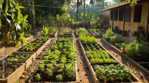 A traditional garden with medicinal herbs and plants used in Ayurveda for health and wellness.