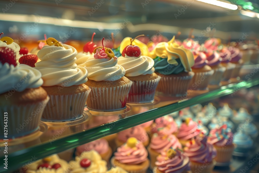 Variety Of Elegant Cupcakes With Whipped Cream And Berries On Display. Generative AI Variety Of Elegant Cupcakes With Whipped Cream And Berries On Display. Generative AI