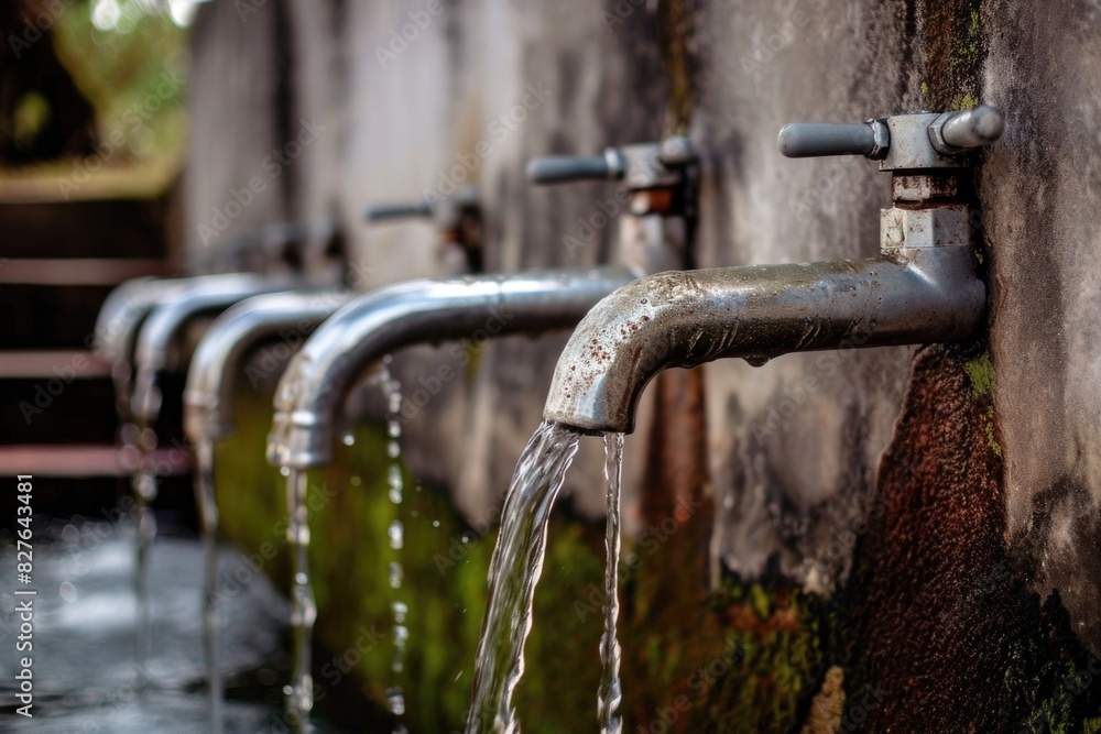 A wall with four faucets and a wall of moss. The faucets are dripping water A wall with four faucets and a wall of moss. The faucets are dripping water