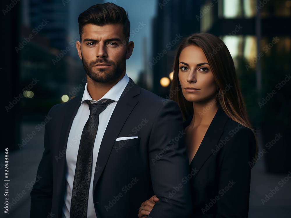 In a professional setting, a man and an elegant woman stand as business allies In a professional setting, a man and an elegant woman stand as business allies