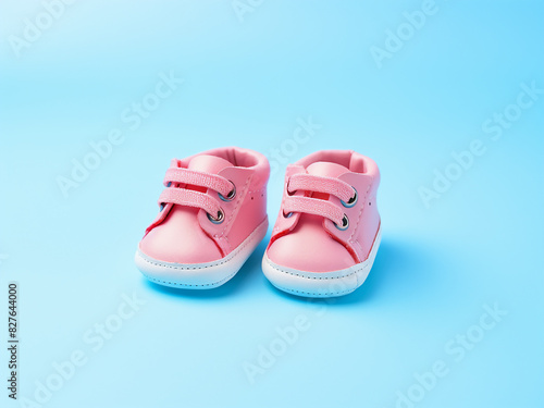 Against a blue and pink palette, tiny pink baby shoes capture the essence of kids' fashion